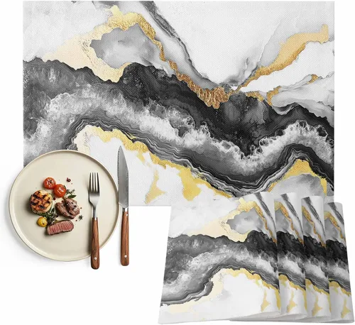 Juego de 1 manteles individuales con textura de mármol de acuarela, tela lavable, moderno, color negro y dorado, mantel individual resistente al