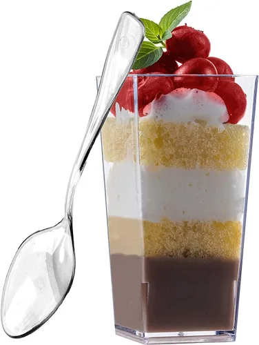 Miniatura 7 de Zappy Mini cubo cuadrado alto de 3 onzas, degustación de plástico transparente, vasos de chupito de muestra, parfait / soufflé de gelatina