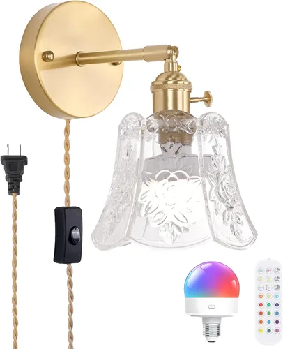 Miniatura 11 de Shenmoyl Juego de 2 apliques de pared vintage con pantalla de vidrio a rayas ámbar, apliques de latón ajustables de 180 grados, con cable de Raya