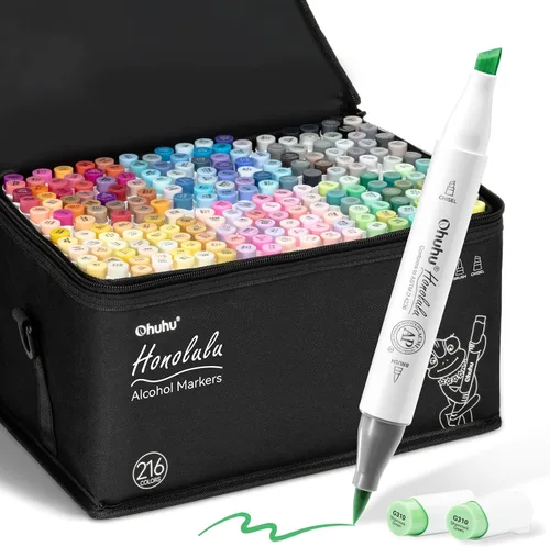 Ohuhu Juego de marcadores Alcohol Art, 216 colores de doble punta y marcador de bocetos de cincel, marcadores de pincel a base de alcohol, viene con
