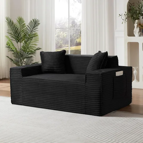 Miniatura 16 de Sofá sin hueso de 66.5 pulgadas con portavasos y bolsillos laterales, sofá biplaza tapizado de tela de pana moderna con 2 almohadas para sala