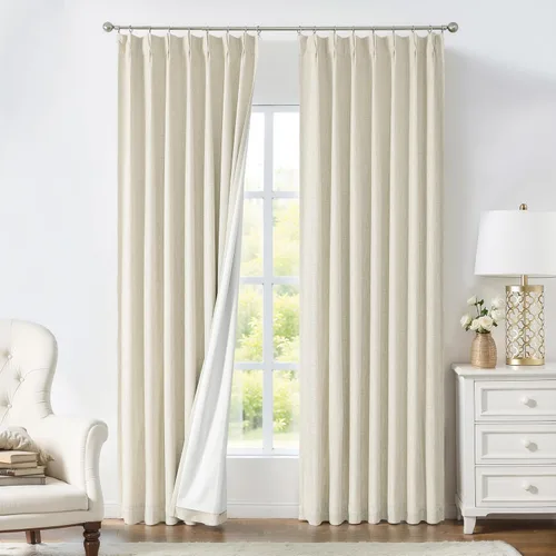 Cortinas opacas plisadas de arena con textura de lino de eficiencia energética, panel de tratamiento de ventana de 84 pulgadas con forro opaco