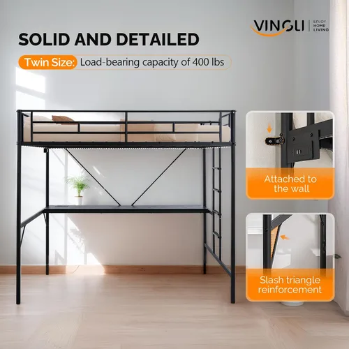 Miniatura 5 de VINGLI - Estructura de cama alta de metal de tamaño individual para niños, adolescentes y adultos con escritorio debajo, 2 estaciones de carga