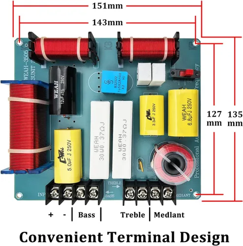 Miniatura 2 de HiQltyla Altavoz cruzado de 3 vías, WEAH-3505A 300W Crossover pasivo ajustable para audio doméstico de automóvil 4 a 8 ohmios Bass Mediant Tweeter