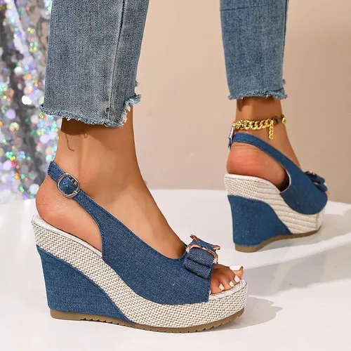 Miniatura 6 de Sandalias de cuña de mezclilla para mujer 2026 con puntera abierta, alpargatas con lazo, zapatos casuales de playa de verano para viajes, fiestas