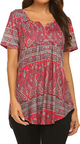 Miniatura 3 de Blusón plisado de manga corta con estampado floral y cuello Henley en V para mujer, con vuelo.