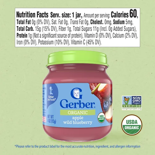 Miniatura 2 de Gerber Alimento para bebés etapa 2, tarro orgánico de arándanos salvajes de manzana, puré de frutas, vitamina C, sin OMG, fruta de alimentos