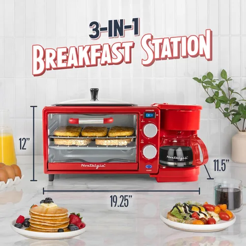 Miniatura 2 de Nostalgia Estación de desayuno retro 3 en 1, incluye cafetera de 5 tazas, plancha de cerámica antiadherente y horno tostador de 4 rebanadas, Rojo