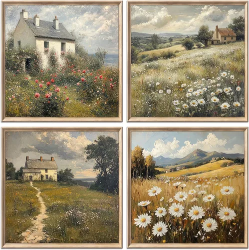 4 piezas de arte de pared de paisaje vintage con flores silvestres y montañas, pintura de casa de campo, pintura retro, rústico, decoración de
