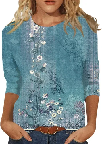 Miniatura 101 de Camisetas de manga 3/4 para mujer, cuello redondo, holgadas, casuales, con estampado floral, camisetas de moda para el trabajo de negocios