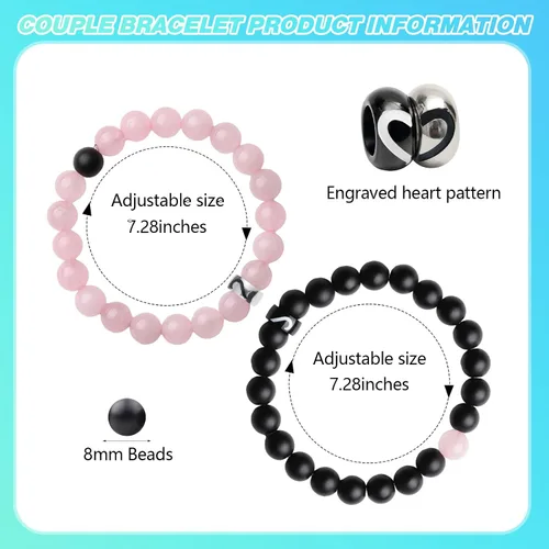 Miniatura 94 de 2 pulseras magnéticas para parejas, piedra natural negra mate, cristal para votos de amor eterno, juego de pulseras de cuentas de piedra de energía
