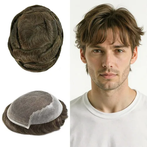 Miniatura 114 de Toupee - Sistemas de reemplazo de cabello para hombre, encaje frontal suizo, nudo blanqueado, pieza de cabello humano natural 1# negro azabache, 8 x