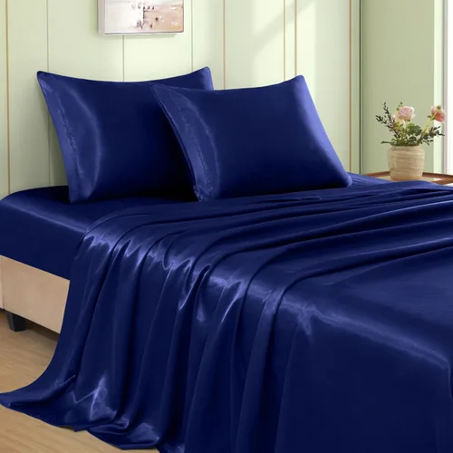 Miniatura 8 de VACVELT Juego de 3 sábanas de satén color beige tamaño individual, juego de ropa de cama, sábana bajera de satén sedoso con bolsillo profundo de 15