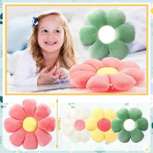 Miniatura 5 de Coume 4 almohadas de flores de felpa de 15 pulgadas, almohadas de felpa en forma de margaritas, bonito cojín de asiento para el primer día