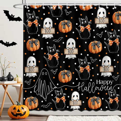 Miniatura 7 de Mocsicka Cortina de ducha de Halloween con dibujos animados, fantasma, lindo gato negro, calabaza, cortina de ducha de baño, cortina de ducha