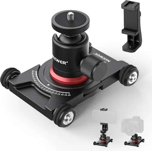 NEEWER Camara deslizante Dolly con cabeza esférica y abrazadera para teléfono, 4 ruedas de mesa Dolly Patinador manual con panorama de 360°