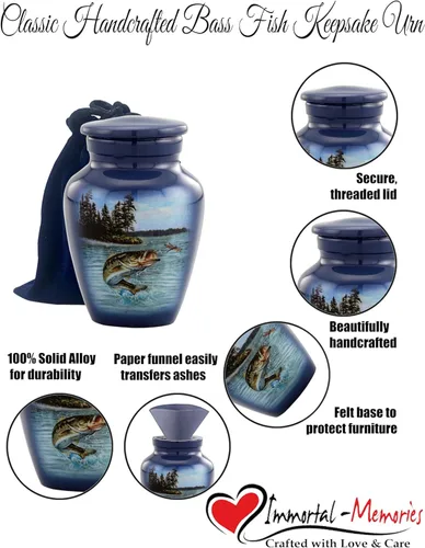 Miniatura 3 de Urna de recuerdo de lubina Gone Fishing – Mini urna de cremación para cenizas humanas – Urna compartida conmemorativa del pescador con bolsa