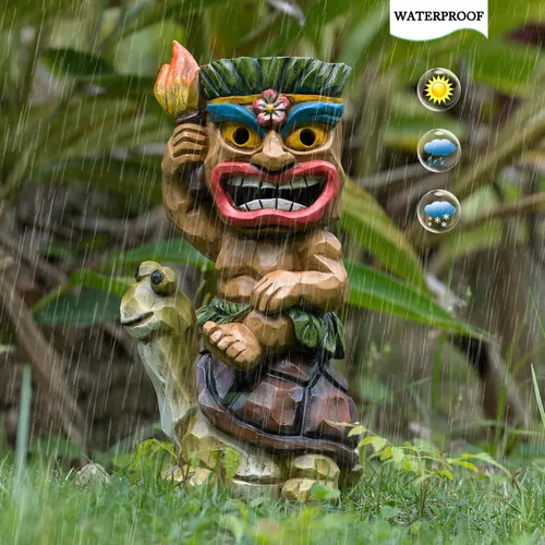 Miniatura 7 de Estatua de Tiki para exteriores con decoración de tortuga, figura de jardín con energía solar, arte Tiki para Tiki bar, patio trasero, jardín