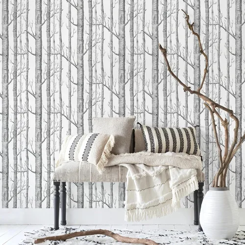 Miniatura 3 de VEELIKE Papel tapiz de abedul gris para despegar y pegar, papel tapiz minimalista de bosque de abedules para dormitorio, baño, paredes de acento