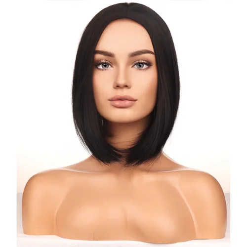 Miniatura 2 de BERON Pelucas negras estilo Bob de pelo corto liso para mujer, pelucas sintéticas negras naturales con parte media para uso diario en fiestas Negro