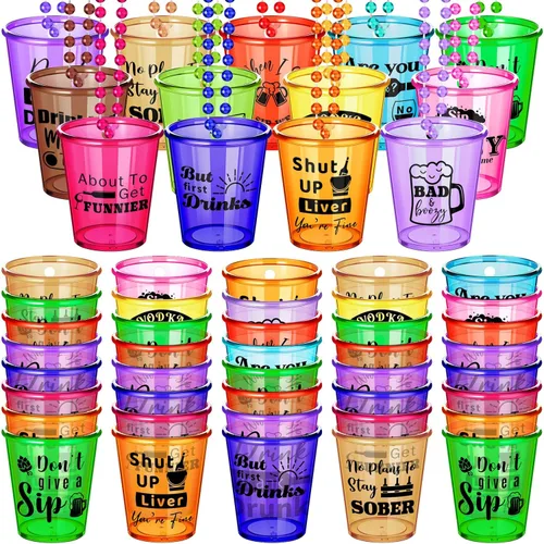 Janmercy 39 piezas de chupito en collar de cuentas, collares de vidrio de chupito de plástico, collar de cuentas, tazas traviesas para adultos y