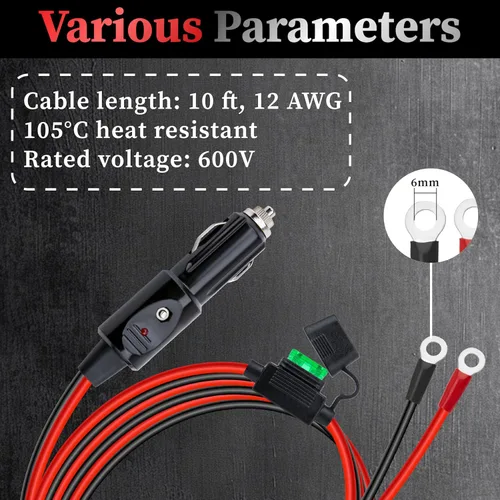 Miniatura 2 de Enchufe de encendedor de cigarrillos resistente de 12 AWG, cable adaptador de enchufe macho de encendedor de cigarrillos de 10 pies con luces LED