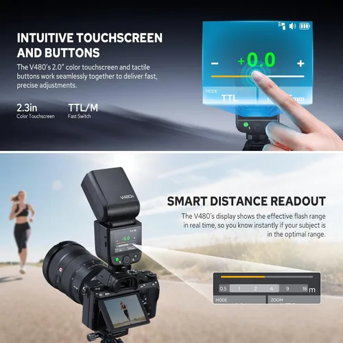 Miniatura 6 de Godox V480-S V480 Flash para Sony, Speedlite con Pantalla Táctil, GN50 de Alta Salida, Carga USB-C, Reciclaje Rápido de 1.7s, 650 Parpadeos