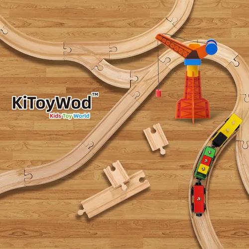 Miniatura 5 de Juego de 62 vías de tren de madera, accesorios de sistemas ferroviarios de madera, paquete de expansión con tren + grúa, para niños de 3 a 10 años