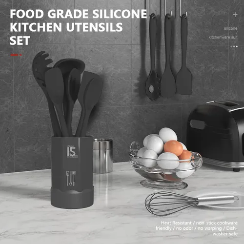 Miniatura 2 de AOTHOD Juego de utensilios de cocina de silicona, resistentes al calor de 446 °F, juegos de espátula, pinzas giratorias, cuchara, utensilios de Gris
