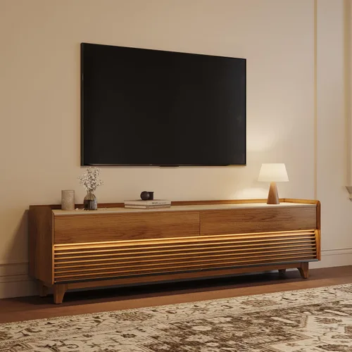 Miniatura 18 de POVISON Soporte de TV moderno de mediados de siglo totalmente ensamblado con luces LED ajustables, consola multimedia de madera, centro