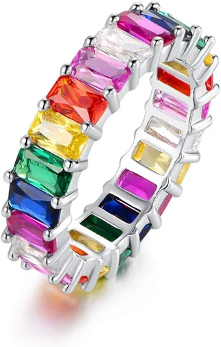 Barzel - Anillo de boda de eternidad para mujer, color arcoíris, chapado en oro blanco de 18 K, corte esmeralda, hecho con gemas de múltiples colores