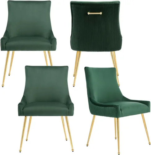 Miniatura 19 de adochr Juego de 2 sillas de comedor modernas con patas de metal dorado, silla de cocina tapizada de terciopelo, respaldo plisado, silla decorativa