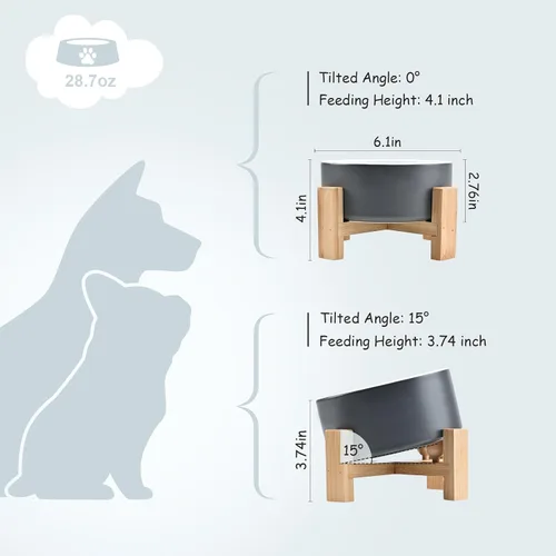Miniatura 4 de SPUNKYJUNKY Cuenco de cerámica inclinado de 15° para perros y gatos con soporte de madera, cuenco inclinado para comida y agua para bulldog