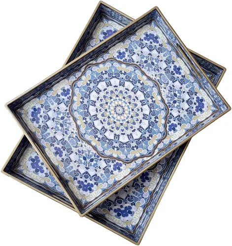 Miniatura 12 de Bandeja de servir azul con 4 asas, bandeja decorativa de plástico para mesa de café, otomana - Ideal para sala de estar y baño. 15 x 11 x 1.9