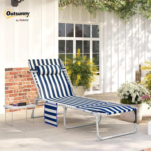 Miniatura 2 de Outsunny Silla bronceadora con agujero frontal, mesa auxiliar, sillón reclinable plegable de 5 posiciones, tumbona reclinable, correas de transporte