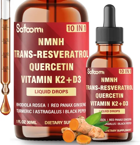 Satoomi Gotas líquidas NMNH 10 en 1, vitalidad general, NMNH, quercetina, trans-resveratrol, vitamina D3, K2 y 5 más - 1 onza líquida - 60 porciones