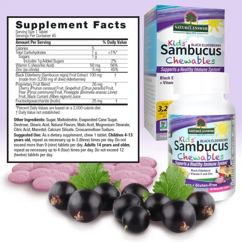 Miniatura 3 de Nature's Answer Kids Sambucus Chewables 3200 mg, 45 tabletas – Baya de saúco negro con vitamina C y zinc – Gran sabor de apoyo para el sistema
