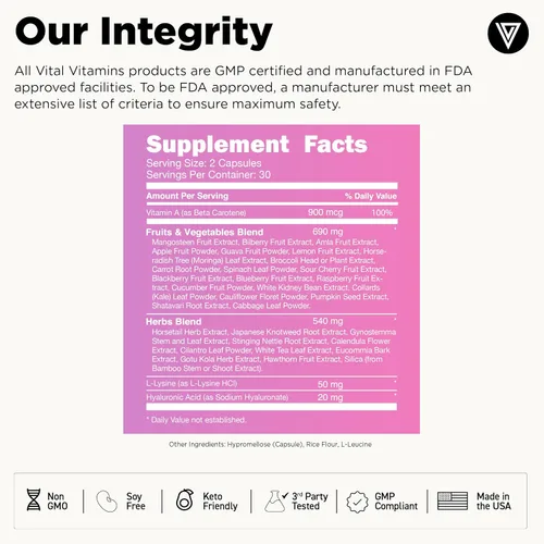 Miniatura 6 de Vital Vitamins Suplemento de Colágeno Vegano - con Sílice y Ácido Hialurónico - Suplementos de Colágeno a Base de Plantas - Apoya el Cabello