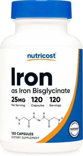 Nutricost Suplemento de bisglicinato de hierro (25 mg) 120 cápsulas - de quelato de bisglicinato ferroso - Sin OMG y sin gluten