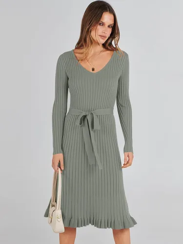 Miniatura 2 de ANRABESS Vestido tipo suéter de manga larga con cuello en V para mujer, plisado, ajustado, acanalado, de punto, con cinturón