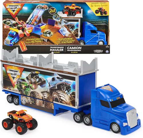Monster Jam, set de juego transformable Hauler y almacenamiento con camión monstruo exclusivo El Toro Loco, escala 1:64, juguetes para niños y niñas