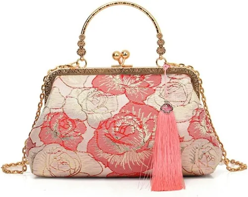 Bolso vintage para mujer, bolso de noche con asa superior, bolso de banquete bordado, estilo chino, cartera, bolso de mensajero de hombro, Rosado