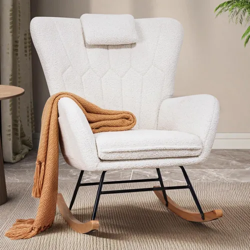 Miniatura 8 de VECELO Mecedora para guardería con reposacabezas grueso, moderno sillón tapizado de lectura con respaldo alto, asiento acolchado, bolsillo lateral