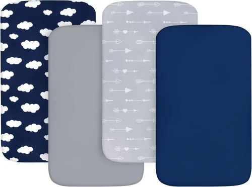 Miniatura 15 de Sábanas ajustadas para cuna para niños y niñas, paquete de 4 - Sábanas transpirables y suaves de microfibra para bebé en gris, azul marino y blanco
