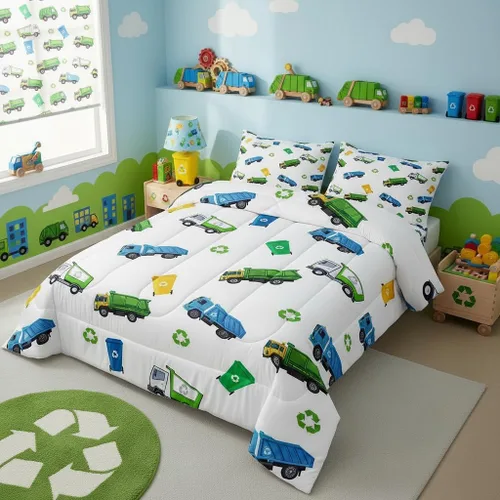 Juego de edredón de camión de basura para niños, tamaño King, juego de ropa de cama de automóvil de dibujos animados para niños, adolescentes y