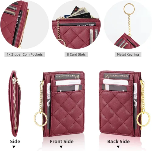 Miniatura 7 de Soporte para tarjetas de crédito, cartera delgada con llavero con bolsillo frontal para monedas, bolsillo frontal pequeño para mujer, color rojo