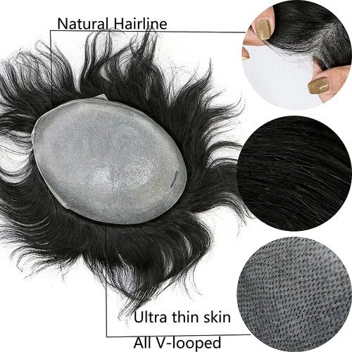 Miniatura 2 de Peluca de piel ultrafina de 0.003 in para hombres, 100% cabello humano virgen europeo, pelucas de repuesto de cabello humano real, 8x10 pulgadas, #1