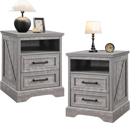 Miniatura 11 de ACCOHOHO Mesita de noche de 18" estilo granja con estación de carga, mesa auxiliar con 2 cajones de almacenamiento, mesa de cabecera, mueble