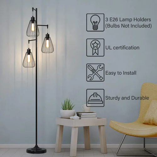 Miniatura 6 de Tangkula - Lámpara rústica de árbol de 3 cabezas, lámpara de pie de metal de 67 pulgadas con 3 pantallas colgantes, iluminación de jaula para sala