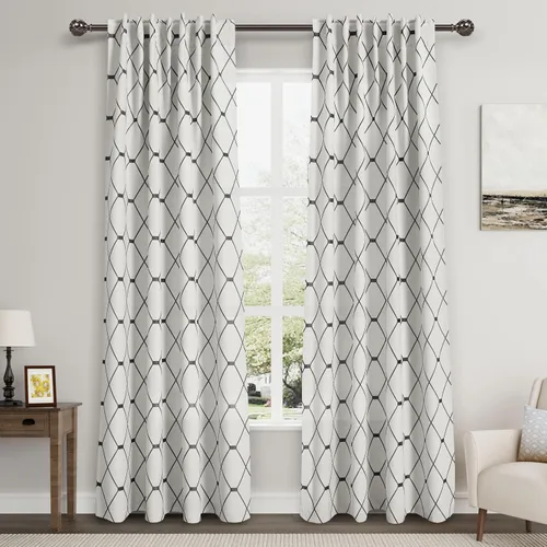 Miniatura 13 de Cortinas oscurecedoras de habitación con patrón geométrico negro de 80 pulgadas de largo para sala de estar, juego de 2 paneles, decoración clásica